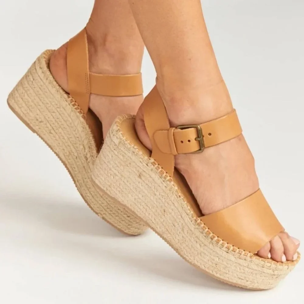 Soludos Tan Leather Espadrille Wedge Sandals